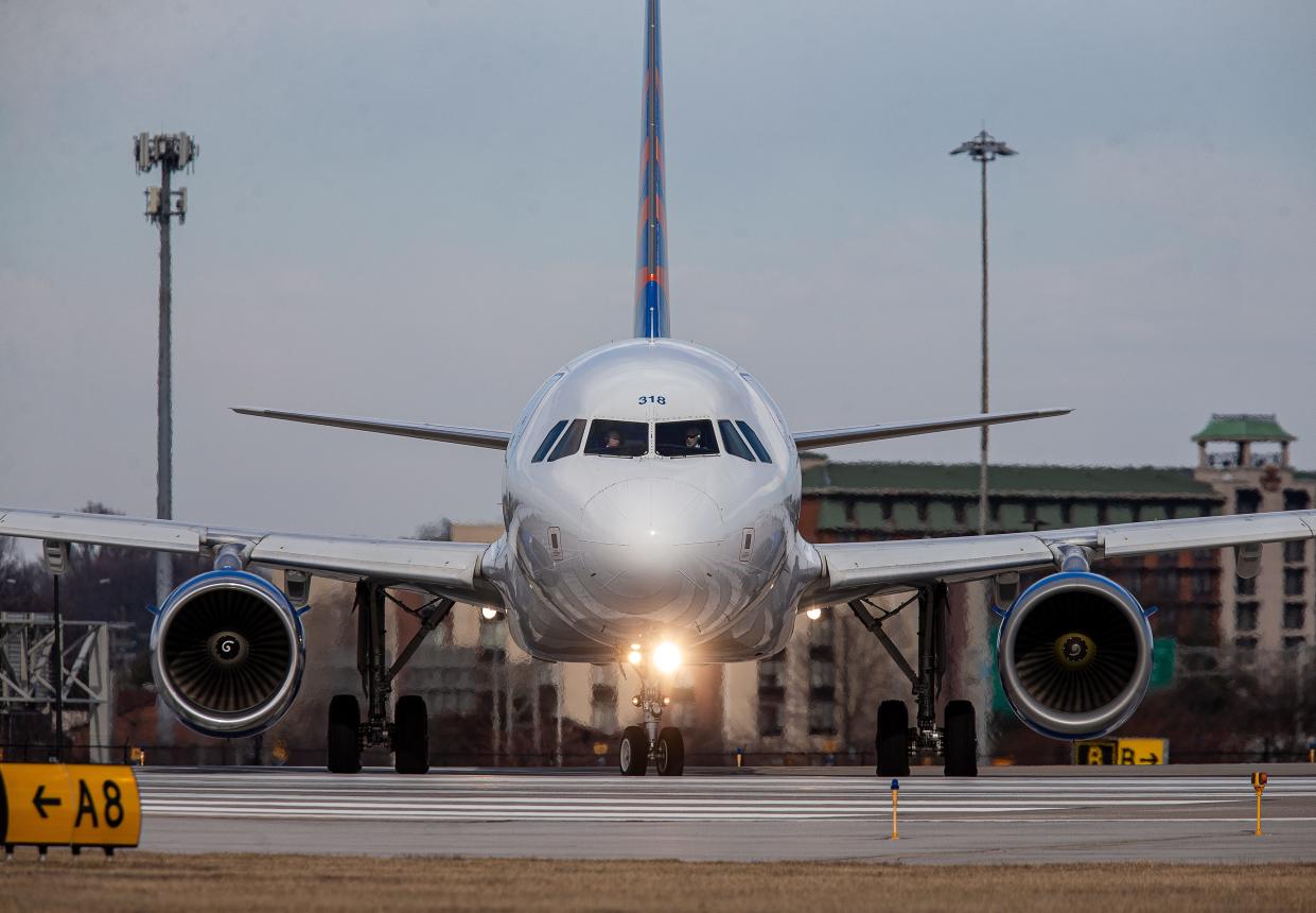 An Allegiant Airlines jet prepared for takeoff at Louisville Muhammad Ali International Airport. Feb. 9, 2024