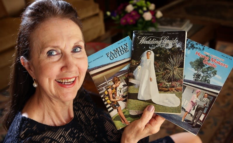 Gwenyth Lennon with examples examples of her 1960s modelling including the cover of the West Australian's 1965 Wedding Guide. Picture: Bill Hatto/The West Australian