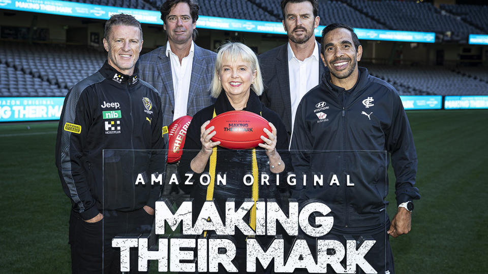 Richmond Tigers head coach Damien Hardwick, AFL CEO Gillon McLachlan, Tigers president Peggy O'Neal, Tigers CEO Brendon Gale and Carlton Blues footballer Eddie Betts pose for a photograph during the 'Making Their Mark' Documentary launch. (Photo by Daniel Pockett/Getty Images)