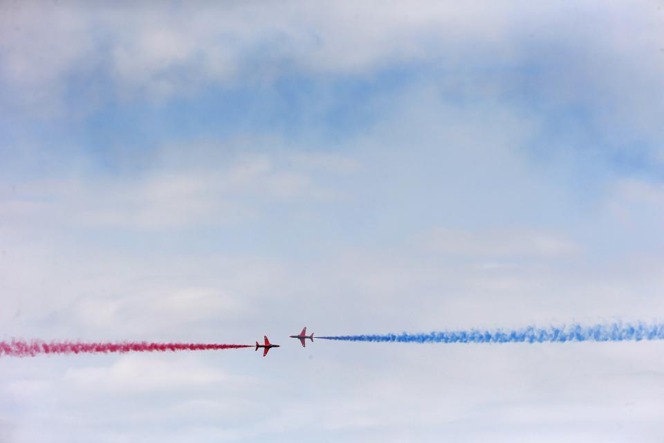 The Royal Air Force aerobatic team, the Red Arrows, perform during The Royal International Air Tattoo at the RAF in Fairford