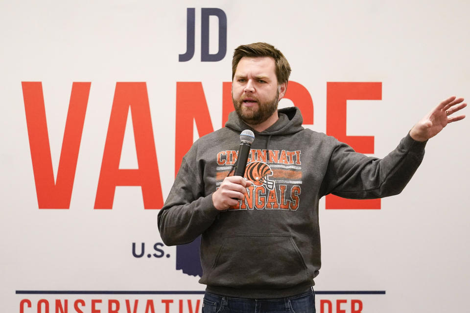 FILE - Ohio Republican Senate candidate J.D. Vance speaks at a rally in Mason, Ohio, on Jan. 30, 2022. (AP Photo/Jeff Dean, File)