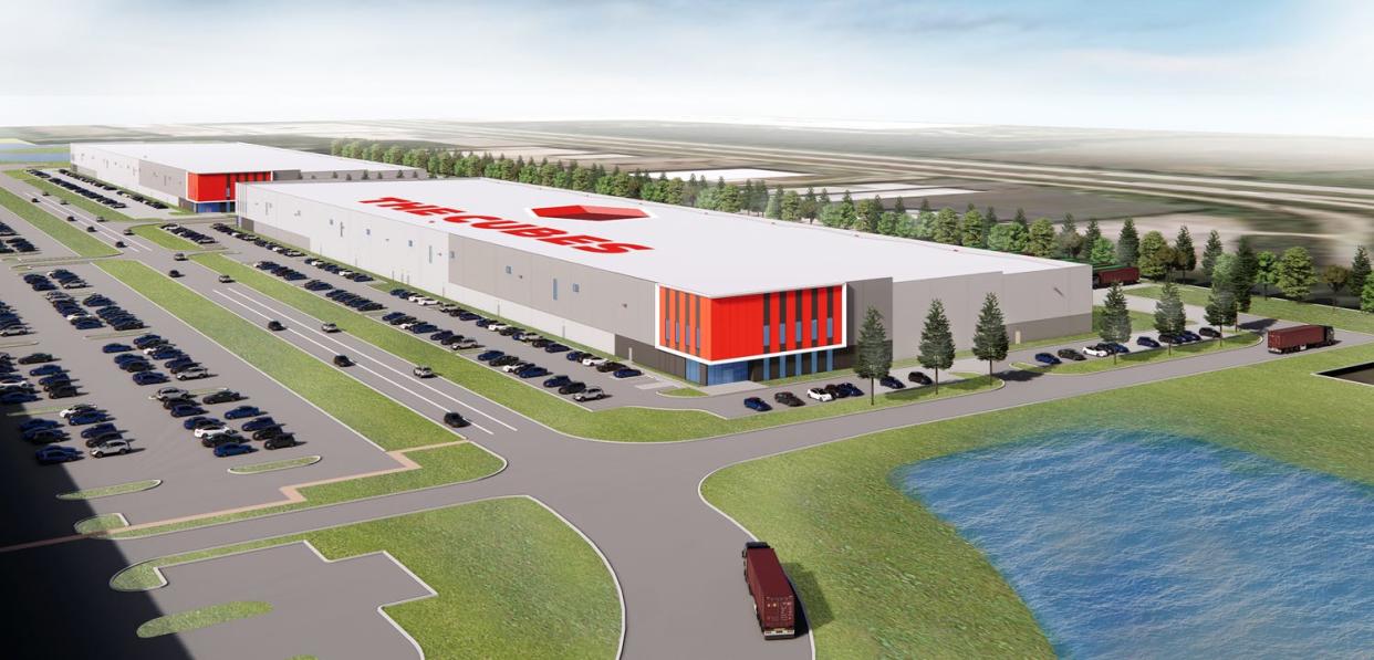 A rendering shows a speculative 250,020-square-foot distribution center being built at The Cubes at Etna 70, a 305-acre industrial park adjacent to the Interstate-70 interchange at Ohio 310.