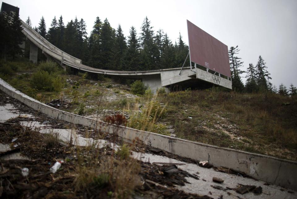 The Olympic Rings are seen on the disused ski jump from the Sarajevo 1984 Winter Olympics on Mount Igman, near Sarajevo