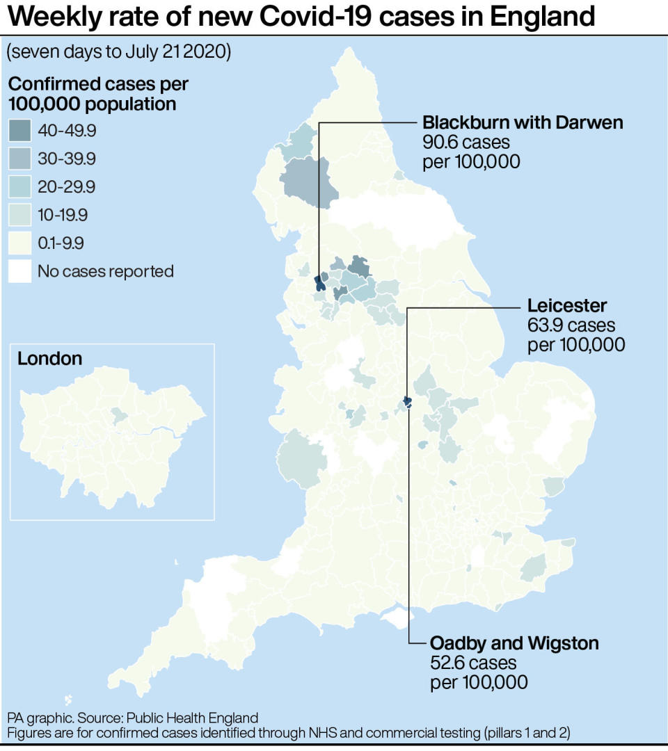 Weekly rate of new Covid-19 cases in England. 