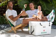 <p>Matt James and Tyler Cameron cheers to a great time with Heineken while watching the U.S. Open in Jupiter, Florida.</p>