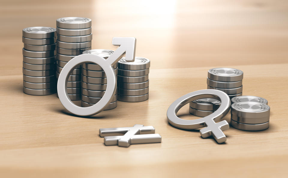 3D illustration of male and female symbols with 2 piles of coins a small one for women and a larger one for men.