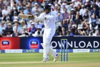 England's Jonny Bairstow plays a shot during the fourth day of the fifth cricket test match between England and India at Edgbaston in Birmingham, England, Monday, July 4, 2022. (AP Photo/Rui Vieira)