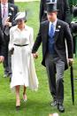 <p>For her first Royal Ascot since marrying Prince Harry, Meghan wore a chic shirt dress and a wide-brimmed white and black hat. </p>