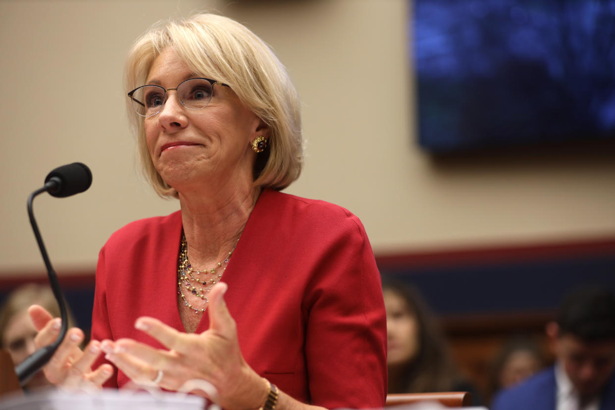 WASHINGTON, DC - DECEMBER 12:  U.S. Secretary of Education Betsy DeVos testifies during a hearing before House Education and Labor Committee December 12, 2019 on Capitol Hill in Washington, DC. The committee held a hearing on "Examining the Education Department's Implementation of Borrower Defense."  (Photo by Alex Wong/Getty Images)