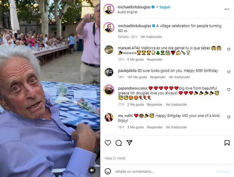 Michael Douglas disfrutó de un evento en Mallorca para personas que cumplen 80 años (Foto: Instagram @michaelkirkdouglas)