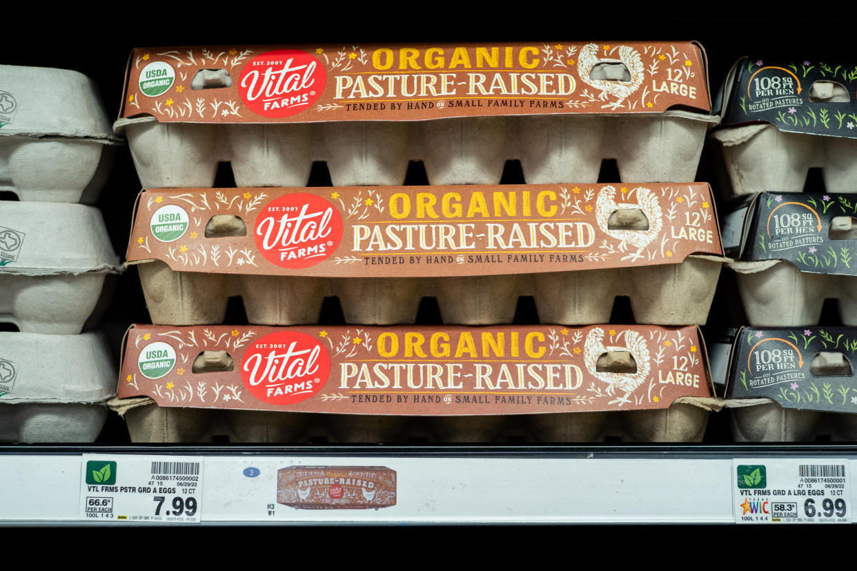 HOUSTON, TEXAS - AUGUST 15: Cartons of eggs are seen for sale in a Kroger grocery store on August 15, 2022 in Houston, Texas. Egg prices steadily climb in the U.S. as inflation continues impacting grocery stores nationwide. (Photo by Brandon Bell/Getty Images)