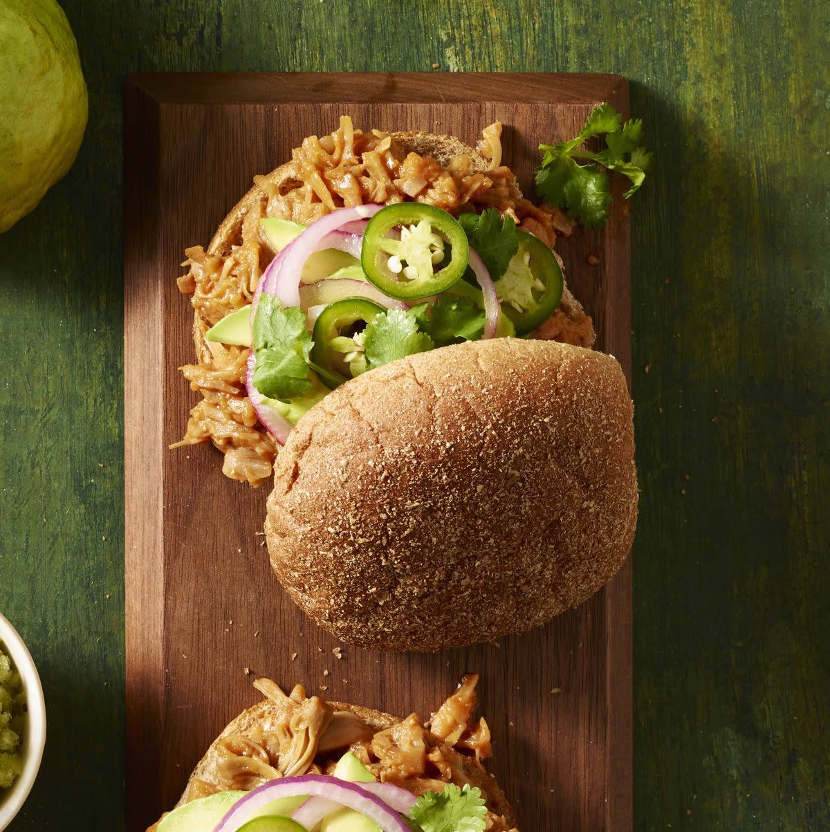 pulled jackfruit sandwich with guava barbecue sauce