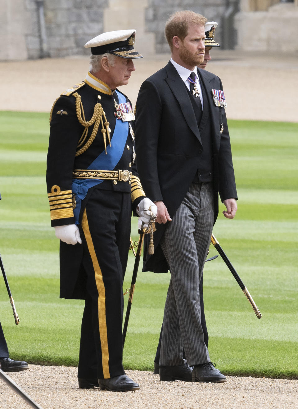 WINDSOR, ENGLAND - SEPTEMBER 19: King Charles III and Prince Harry, Duke of Sussex inside Windsor Castle on September 19, 2022 in Windsor, England. The committal service at St George's Chapel, Windsor Castle, took place following the state funeral at Westminster Abbey. A private burial in The King George VI Memorial Chapel followed. Queen Elizabeth II died at Balmoral Castle in Scotland on September 8, 2022, and is succeeded by her eldest son, King Charles III. (Photo by David Rose - WPA Pool/Getty Images)