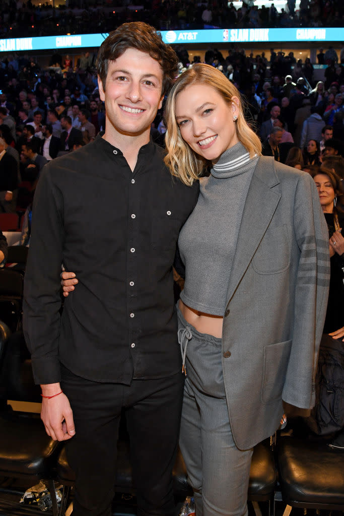 Karlie Kloss has been passing the time in isolation by giving husband Josh Kushner a new hair do, pictured here in Chicago in February 2020. (Getty Images)