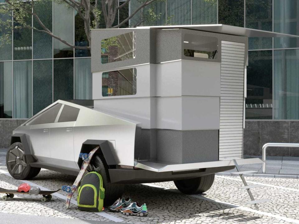 Rear view of the fully expanded CyberLandr Tesla Cybertruck camper add-on. 