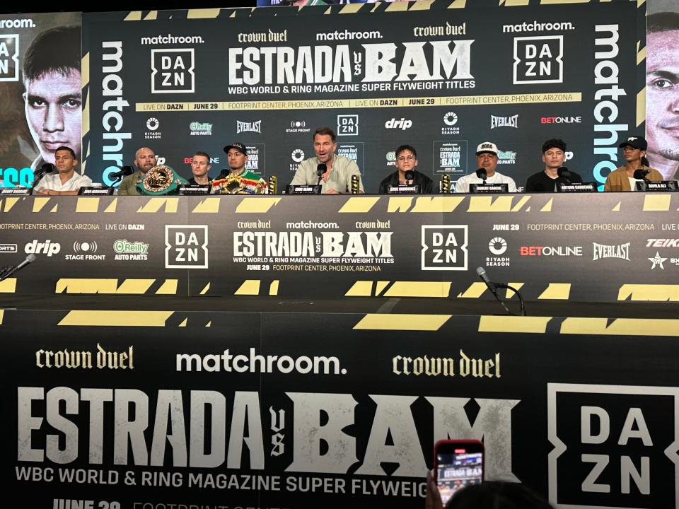 Fighters and Matchroom Sport chairman Eddie Hearn (center) gather for a news conference on May 8, 2024, announcing a boxing card headed by super flyweights Juan Francisco Estrada, the WBC World champion, and Jesse Rodriguez.