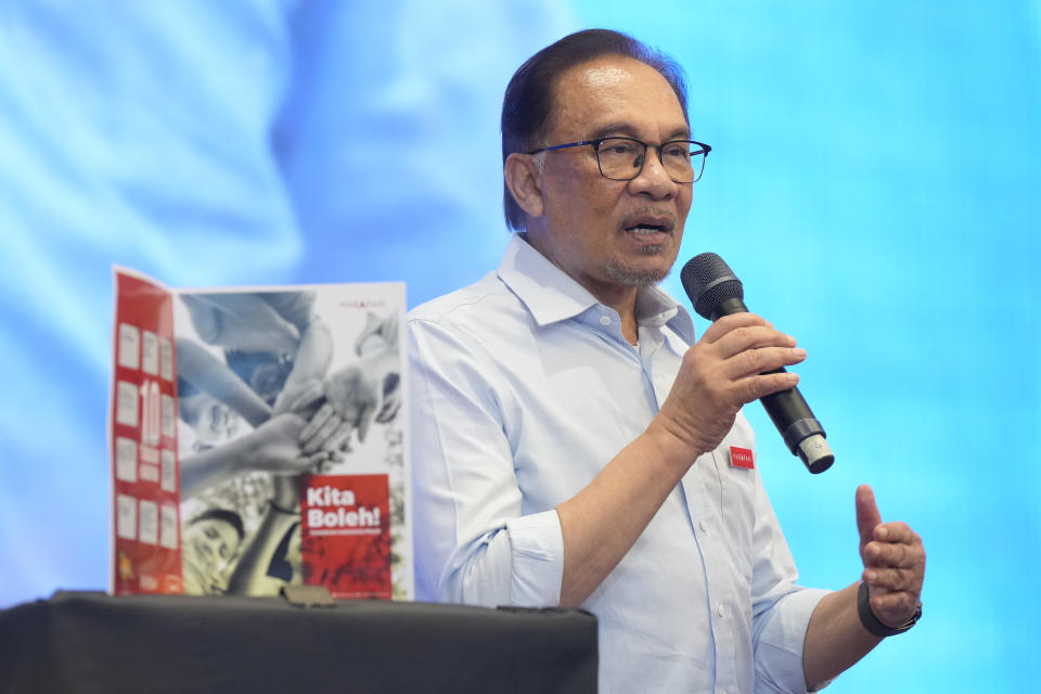 Malaysian opposition leader Anwar Ibrahim speaks during an event as his Pakatan Harapan (The Alliance of Hope) unveils the manifesto at a hotel in Klang, Malaysia Wednesday, Nov. 2, 2022. (AP Photo/Vincent Thian)