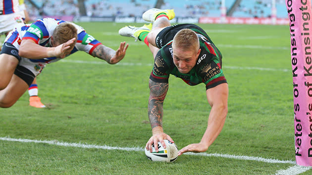 The Souths winger bagged a hat-trick against the Knights and took his league-leading line break tally to five.