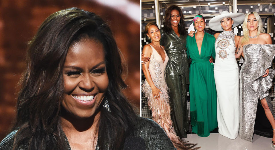 Michelle Obama pictured with Jada Pinkett Smith (far left), Alicia Keys (middle), J Lo (second to right) and Lady Gaga (far right). [Photo: Getty]