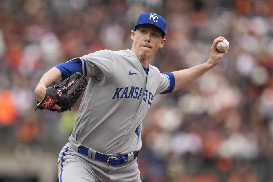 Kansas City Royals pitcher Ryan Yarbrough works against the San Francisco Giants during the sixth inning of a baseball game in San Francisco, Friday, April 7, 2023. (AP Photo/Eric Risberg)