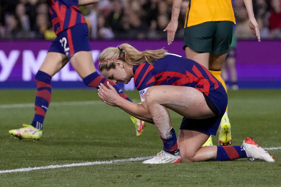 United States' Lindsay Horan reacts after a missed shot at goal during the international women's soccer match between the United States and Australia in Newcastle, Australia, Tuesday, Nov. 30, 2021. (AP Photo/Mark Baker)