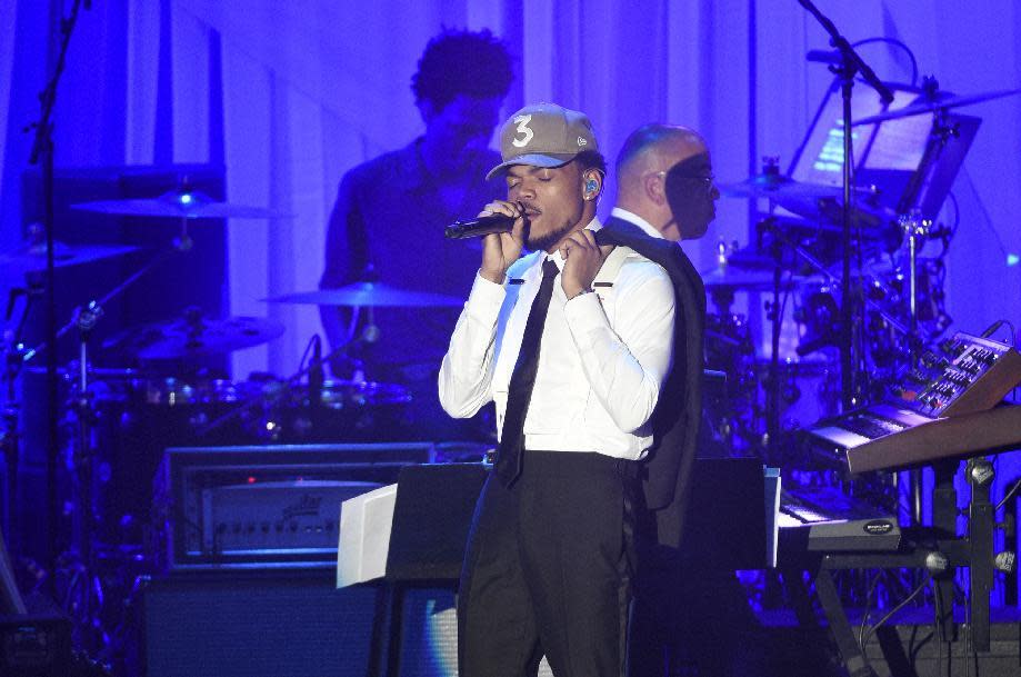 Chance the Rapper performs at the Clive Davis and The Recording Academy Pre-Grammy Gala at the Beverly Hilton Hotel on Saturday, Feb. 11, 2017, in Beverly Hills, Calif. (Photo by Chris Pizzello/Invision/AP)