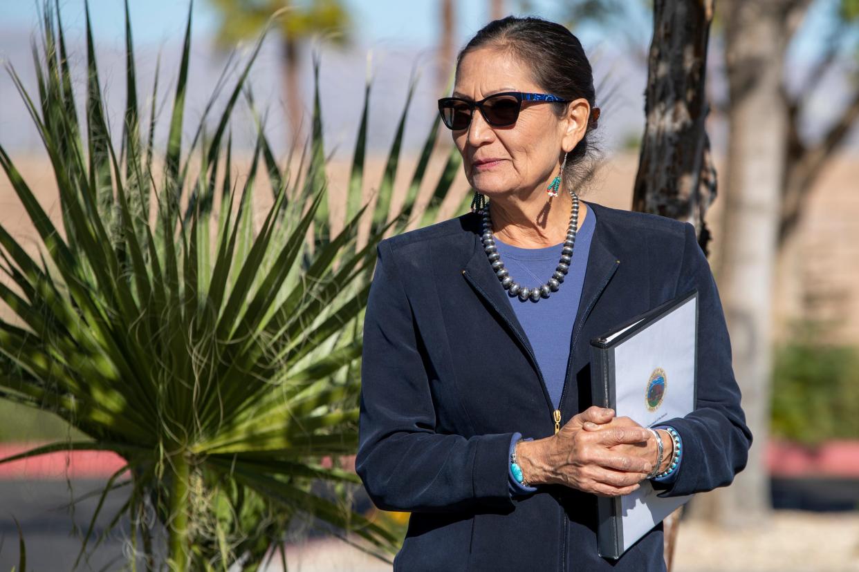 U.S. Interior Secretary Deb Haaland waits to speak outside the Bureau of Land Management office in Palm Springs, Calif., on December 11, 2021.