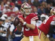 Aug 30, 2018; Santa Clara, CA, USA; San Francisco 49ers quarterback C.J. Beathard (3) looks to throw the ball against the Los Angeles Chargers during the first quarter at Levi's Stadium. Mandatory Credit: Kelley L Cox-USA TODAY Sports