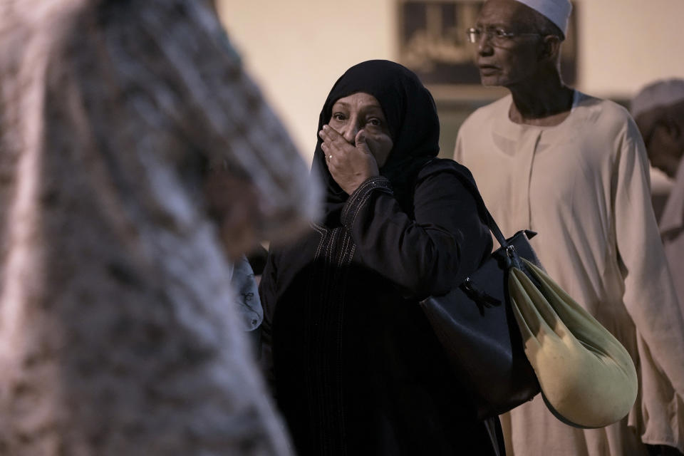 Sudanese evacuees wait before boarding a Saudi military ship to Jeddah port, at Port Sudan, Sudan, Wednesday, May 3, 2023. Many are fleeing the conflict in Sudan between the military and a rival paramilitary force. (AP Photo/Amr Nabil)