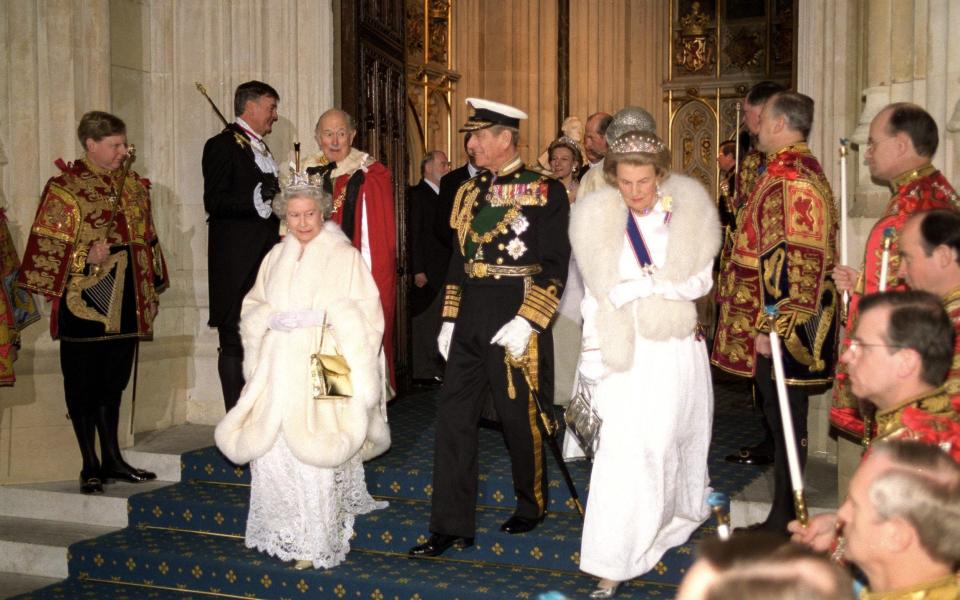 The Queen with Prince Philip and, right, the Duchess Of Grafton at the State Opening Of Parliament, circa 1998 - Tim Graham Photo Library via Getty Images