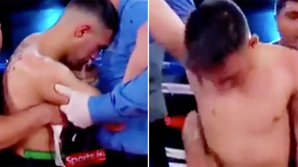 Hugo Santillan was held up by trainers so the result could be announced, even though he clearly needed medical attention. Image: TyC