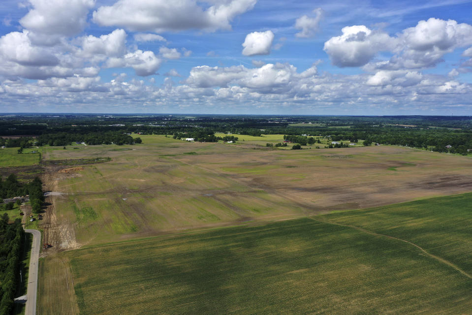 This aerial image taken with a drone on June 9, 2022, shows a portion of land in Johnstown, Ohio, where Intel plans to build two new processor factories. The $20 billion project spans nearly 1,000 acres. Construction is expecting to begin in 2022, with production coming online at the end of 2025. (AP Photo/Gene J. Puskar)