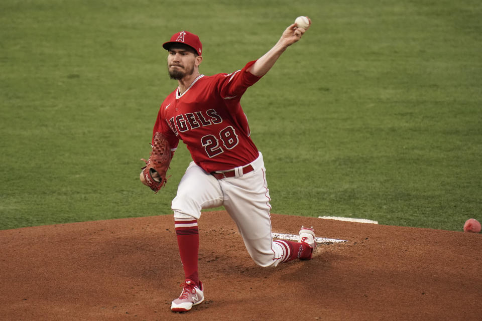 Los Angeles Angels starting pitcher Andrew Heaney throws to a Tampa Bay Rays batter during the first inning of a baseball game Thursday, May 6, 2021, in Anaheim, Calif. (AP Photo/Jae C. Hong)