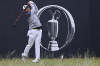 Japan's Hideki Matsuyama tees off the first during a practice round for the British Open Golf Championships at the Royal Liverpool Golf Club in Hoylake, England, Tuesday, July 18, 2023. The Open starts Thursday, July 20. (AP Photo/Peter Morrison)