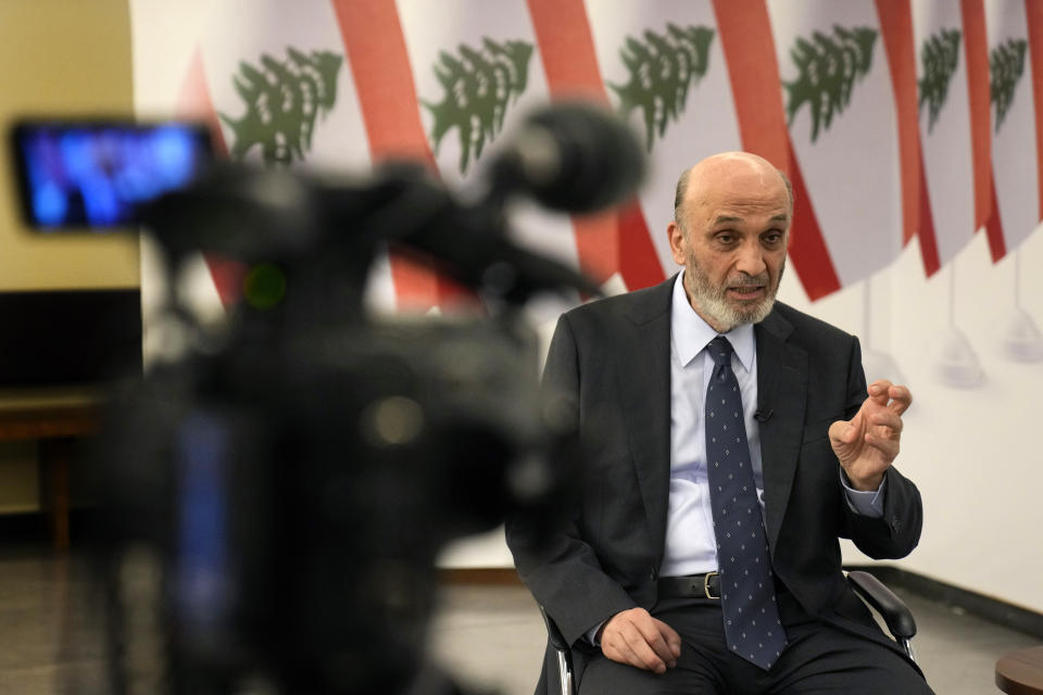 Samir Geagea, leader of the Christian Lebanese Forces party, gestures as he speaks during an interview with the Associated Press, in Maarab east of Beirut, Tuesday, April 30, 2024. Geagea blasted the Shiite militant group Hezbollah for opening a front with Israel to back up its ally Hamas, saying it has harmed Lebanon without making a dent in Israel's crushing offensive in the Gaza Strip. (AP Photo/Hussein Malla)