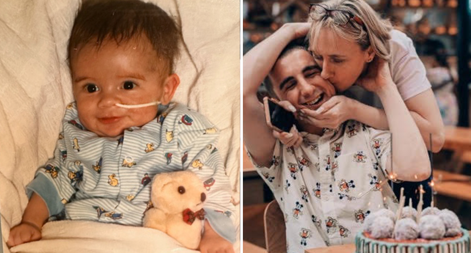 Left - Josh Thomas as a baby in hospital with a tube in his nose. Right - Josh as and adult and his mum hugging. 