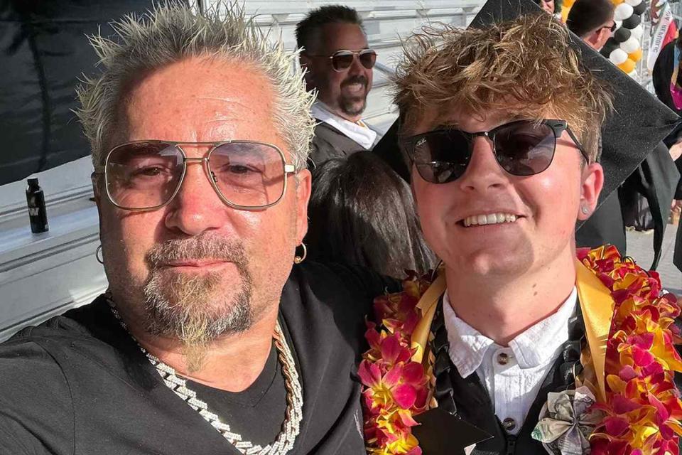 <p>Guy Fieri/Instagram</p> Guy Fieri and son Ryder pose at his high school graduation ceremony in June 2024