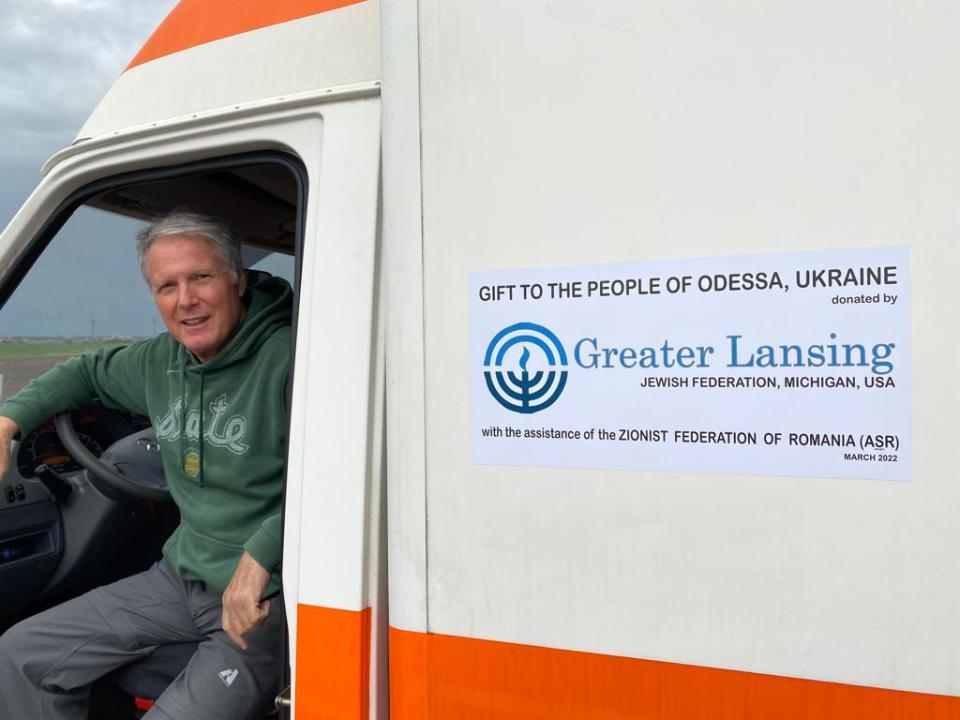 Ody Norkin of Okemos traveled to Romania to try to help people in Ukraine. The Greater Lansing Jewish Federation collected donations to fund the ambulance project