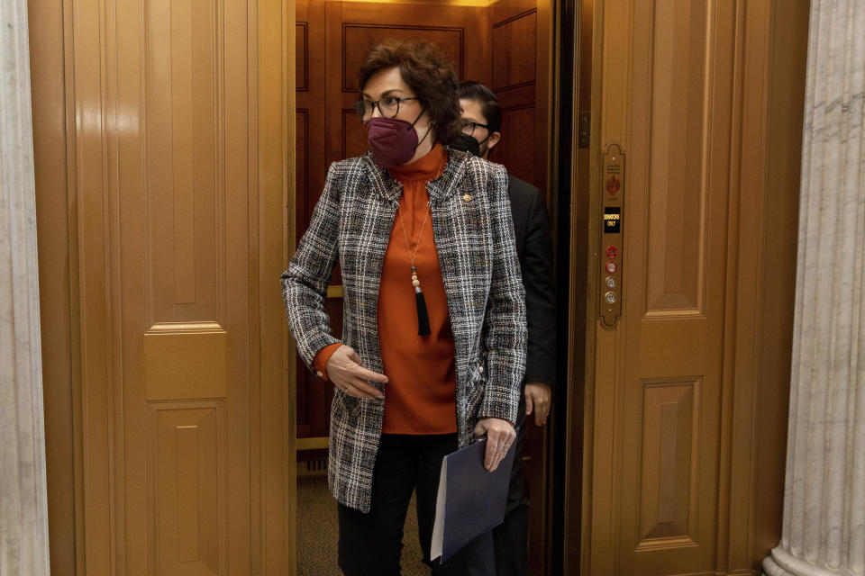Sen. Jacky Rosen, D-Nev., walks towards the senate floor at the Capitol in Washington, Wednesday, Jan. 19, 2022. (AP Photo/Amanda Andrade-Rhoades)