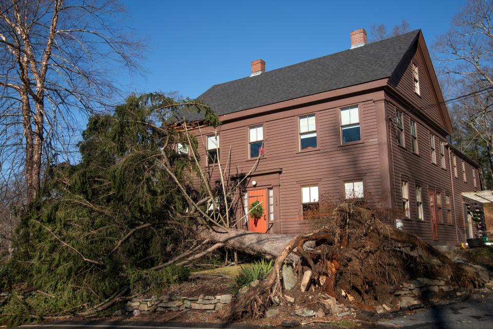 The historic Leland-Carter House at 140 Maple Street in Sherborn, built in 1775, was damaged when a large tree was toppled during Monday’s storm.