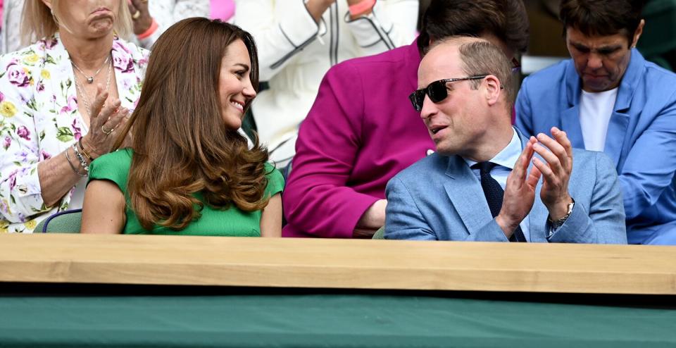 Prince William, Duke of Cambridge and Catherine, Duchess of Cambridge attend Wimbledon Championships Tennis Tournament at All England Lawn Tennis and Croquet Club on July 10, 2021 in London, England.