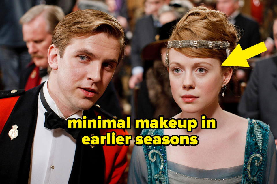 A man and woman looking into the distance in "Downton Abbey" with an arrow showing the woman is wearing minimal makeup