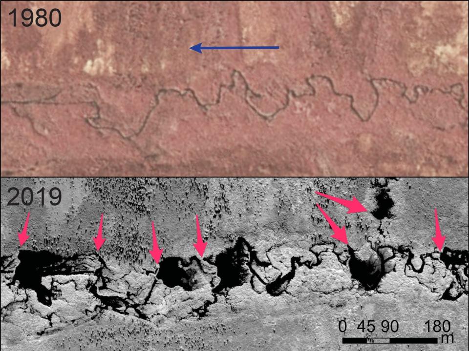 juxtaposed aerial images show a stream cutting across land in 1980 and a chain of ponds in its place in 2019