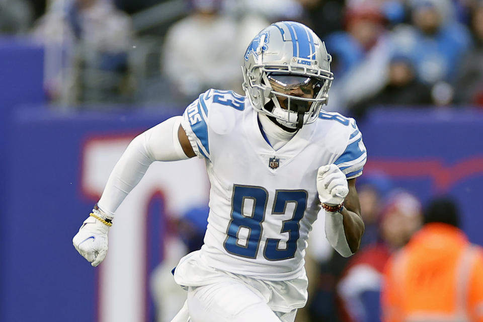 FILE - Detroit Lions wide receiver Stanley Berryhill (83) runs against the New York Giants during an NFL football game Sunday, Nov. 20, 2022, in East Rutherford, N.J. The NFL has suspended five players for violating the league’s gambling policy on Friday, April 21, 2023. Detroit Lions wide receiver Quintez Cephus and safety C.J. Moore and Washington Commanders defensive end Shaka Toney were suspended indefinitely, while Lions wide receivers Stanley Berryhill and Jameson Williams have been suspended six games.(AP Photo/Adam Hunger, File)