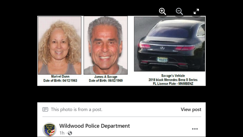 Marivel Dunn, 60, was forcibly taken from a Florida home by her partner, police said. The search is on for the couple. Screengrab from Wildwood Police Department's Facebook post