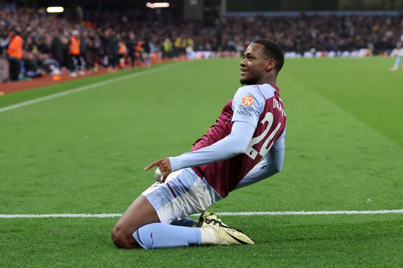 Jhon Duran of Aston Villa celebrates after scoring their third goal during the Premier League match between Aston Villa and Liverpool FC at Villa Park on May 13, 2024