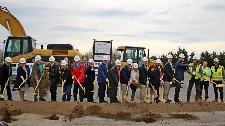 Elected officials, local dignitaries, representatives from the design and construction team members broke ground on the new Augusta County Courthouse.