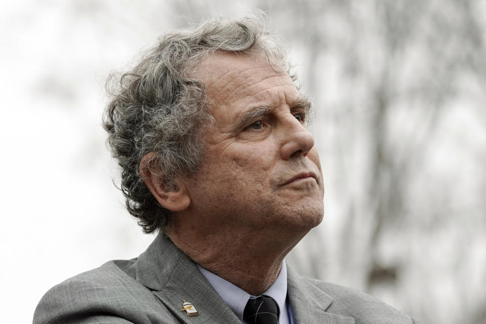 FILE - Sen. Sherrod Brown, D-Ohio, chairman of the Senate Committee on Banking, Housing, listens during a news conference on the Child Tax Credit, Dec. 7, 2022, on Capitol Hill in Washington. Brown has survived a decade of statewide Democratic losses in Ohio by building a reputation as the rare person in his party who can still connect with the white working-class voters who have increasingly shifted to Republicans. But as he heads into what could be a tough reelection, Brown is facing a critical test in the aftermath of a train derailment in an eastern Ohio village.(AP Photo/Mariam Zuhaib, File)