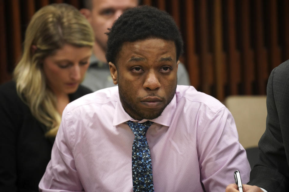 Corey Morgan appears during opening statements in his trial for the murder of 9-year-old Tyshawn Lee at the Leighton Criminal Court building in Chicago on Tuesday, Sept. 17, 2019. Morgan and Dwright Doty are on trial after being with first-degree murder in connection to the 2015 slaying. (E. Jason Wambsgans/Chicago Tribune via AP, Pool)