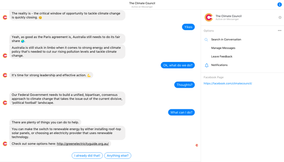 The Climate Council's chatbot in action.